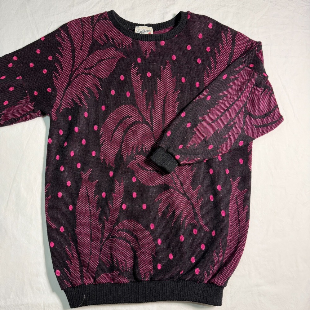 Vintage EnChante Pink Purple Leaf Polka Dot Sweater Womens Medium Made‎ in USA
